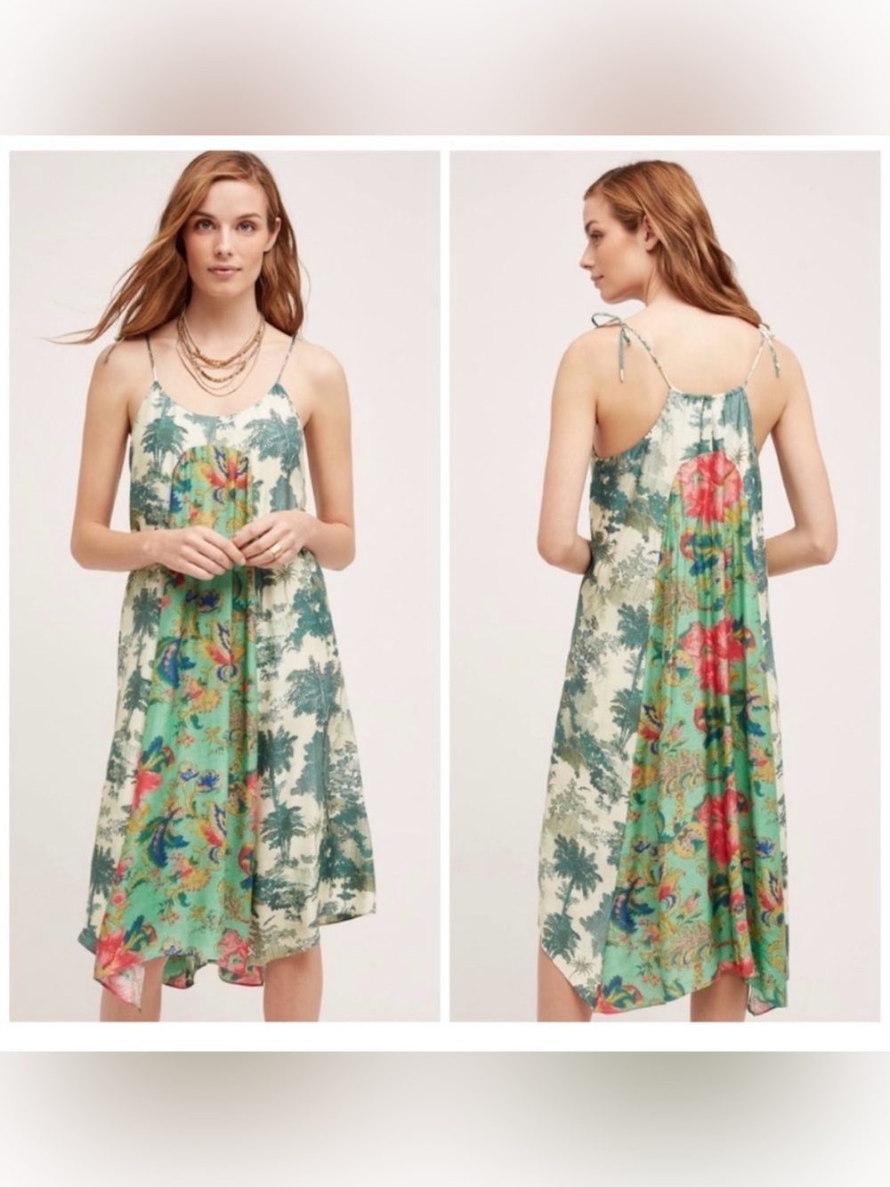 Anthropologie Green and Cream Mixed-Print Spaghetti Strap Mini Dress